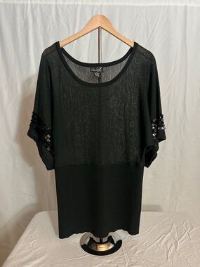 Chaus Black Short Sleeve Sheer Knit Top with Sequin Sleeve Detail